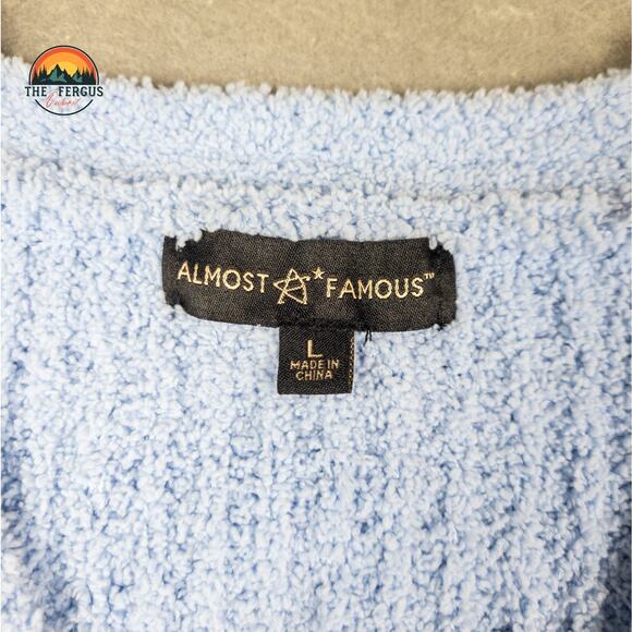 Almost Famous Ringtone Brooch Pastel Blue Trendy Crop Cable Knit Cardigan Sz L - Picture 6 of 11